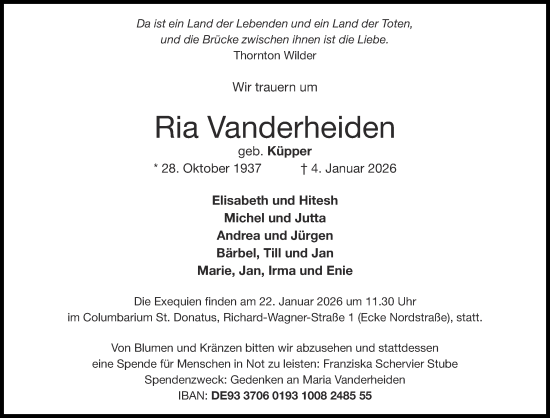 Traueranzeige von Ria Vanderheiden von Aachener Zeitung