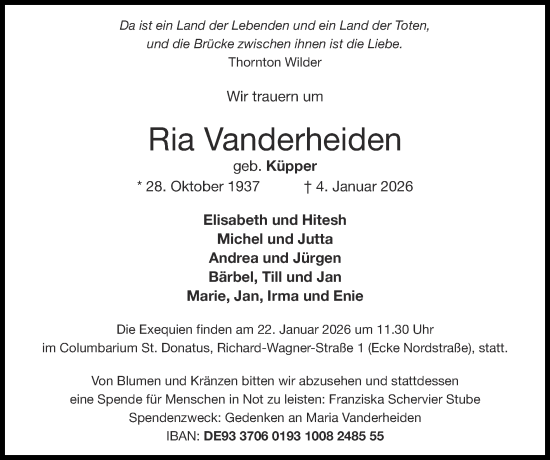 Traueranzeige von Ria Vanderheiden von Zeitung am Sonntag
