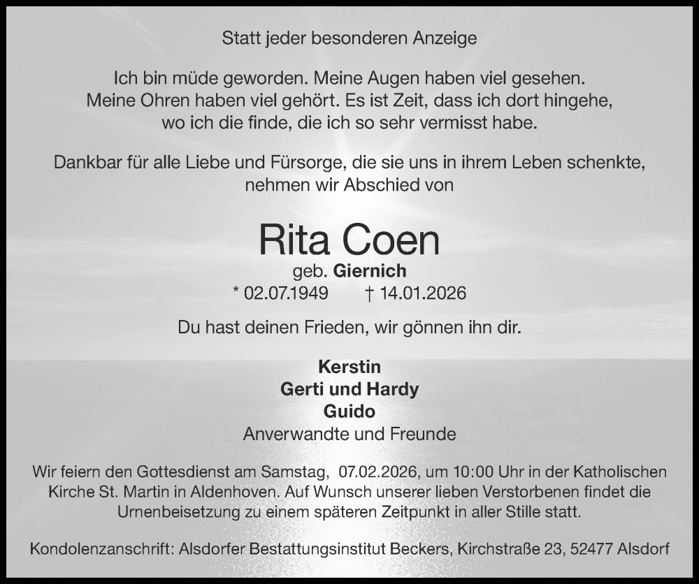  Traueranzeige für Rita Coen vom 01.02.2026 aus Zeitung am Sonntag