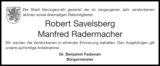 Traueranzeige von Robert Savelsberg von Zeitung am Sonntag