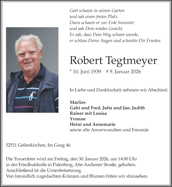 Traueranzeige von Robert Tegtmeyer von Zeitung am Sonntag
