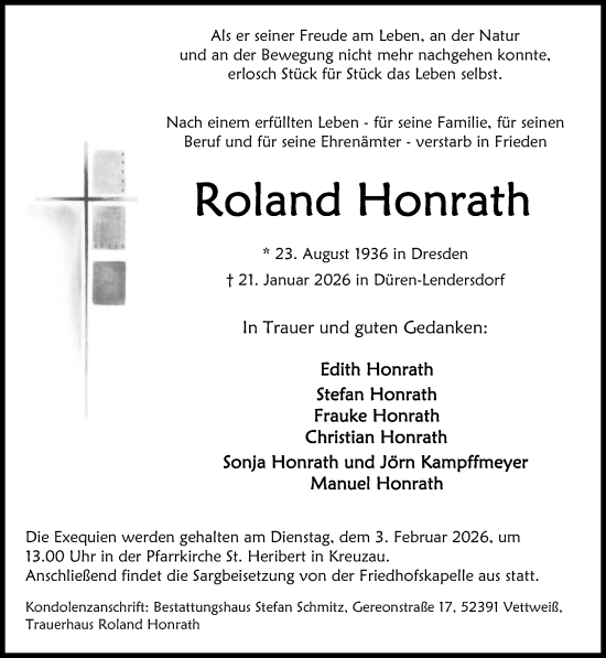 Traueranzeige von Roland Honrath von Zeitung am Sonntag