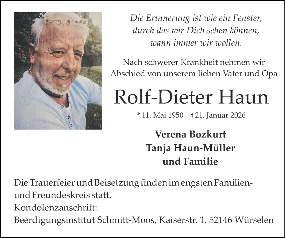  Traueranzeige für Rolf-Dieter Haun vom 01.02.2026 aus Zeitung am Sonntag