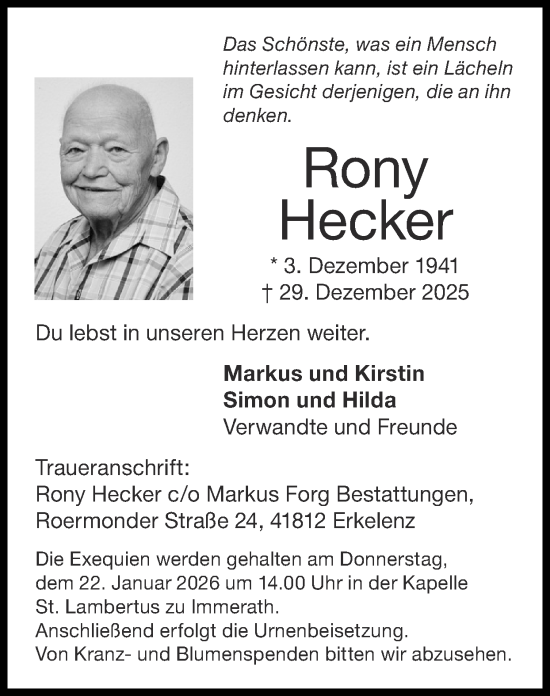 Traueranzeige von Rony Hecker von Zeitung am Sonntag