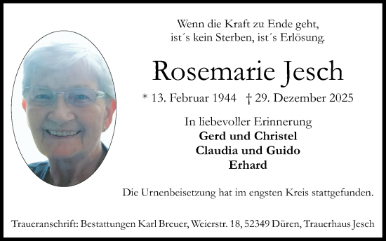 Traueranzeige von Rosemarie Jesch von Zeitung am Sonntag