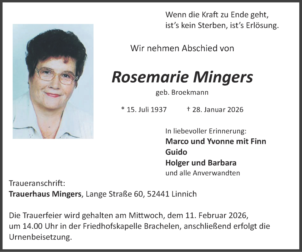  Traueranzeige für Rosemarie Mingers vom 01.02.2026 aus Zeitung am Sonntag