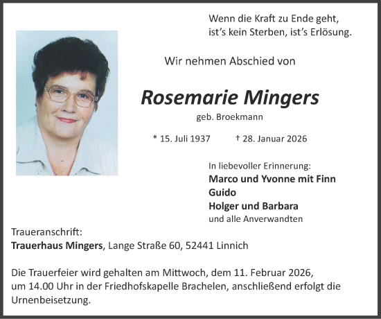 Traueranzeige von Rosemarie Mingers von Zeitung am Sonntag