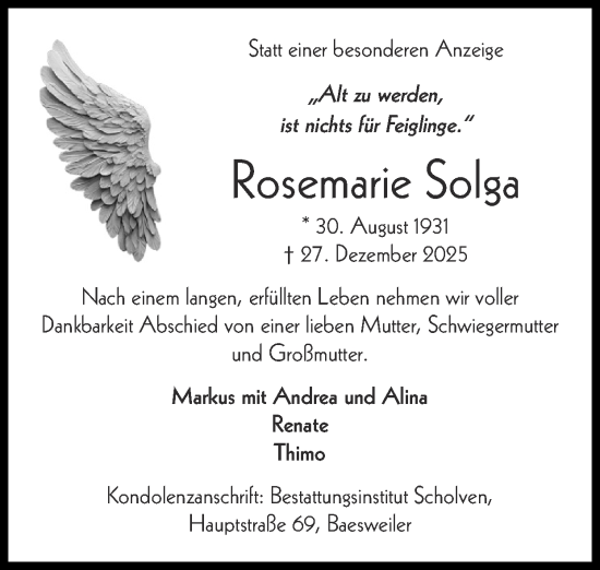 Traueranzeige von Rosemarie Solga von Zeitung am Sonntag