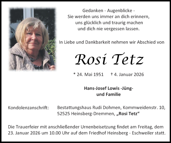 Traueranzeige von Rosi Tetz von Zeitung am Sonntag