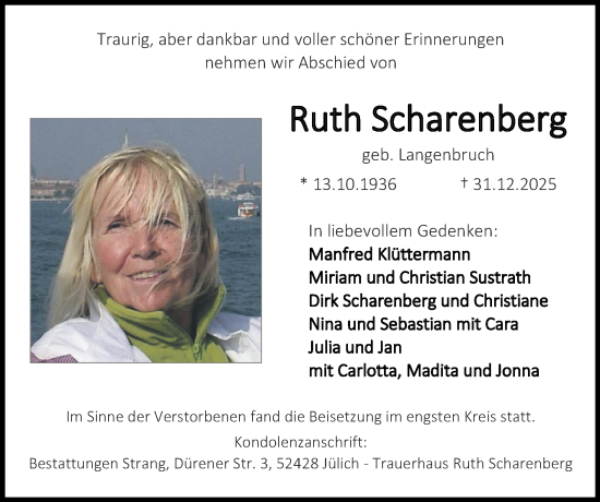 Traueranzeige von Ruth Scharenberg von Zeitung am Sonntag