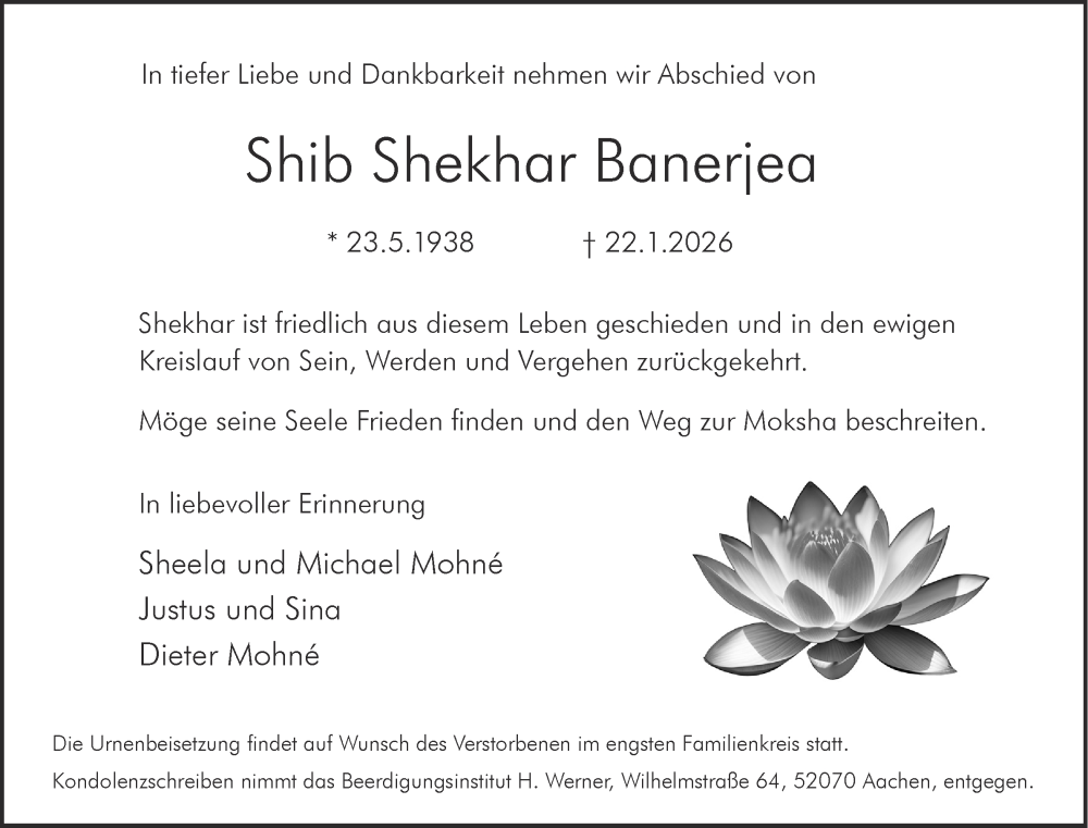  Traueranzeige für Shib Shekhar Banerjea vom 31.01.2026 aus Aachener Zeitung