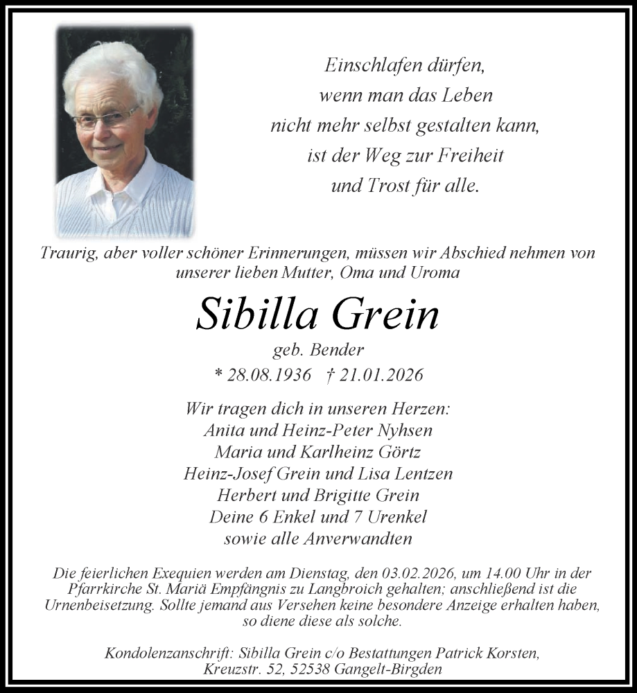  Traueranzeige für Sibilla Grein vom 01.02.2026 aus Zeitung am Sonntag