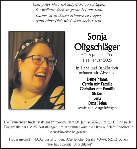 Traueranzeige von Sonja Oligschläger von Zeitung am Sonntag
