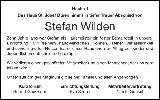 Traueranzeige von Stefan Wilden von Zeitung am Sonntag