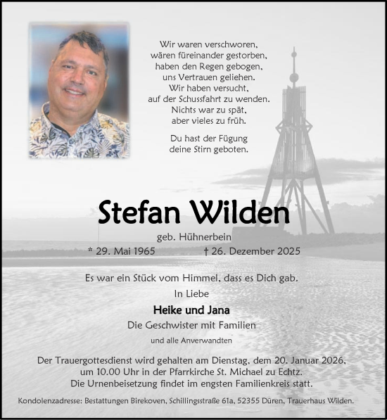 Traueranzeige von Stefan Wilden von Zeitung am Sonntag
