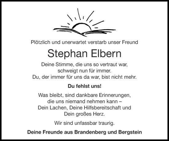 Traueranzeige von Stephan Elbern von Zeitung am Sonntag