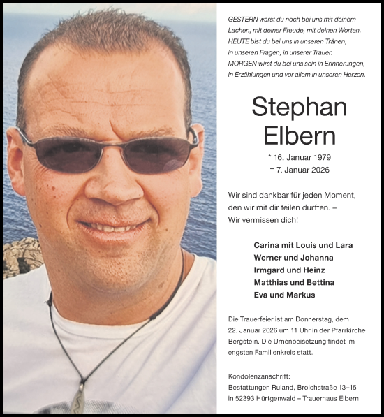 Traueranzeige von Stephan Elbern von Zeitung am Sonntag