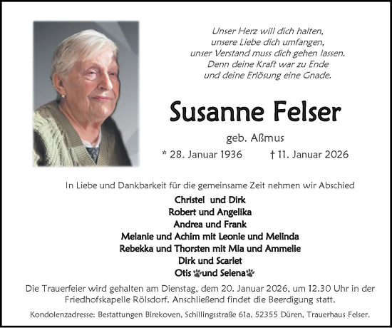 Traueranzeige von Susanne Felser von Zeitung am Sonntag