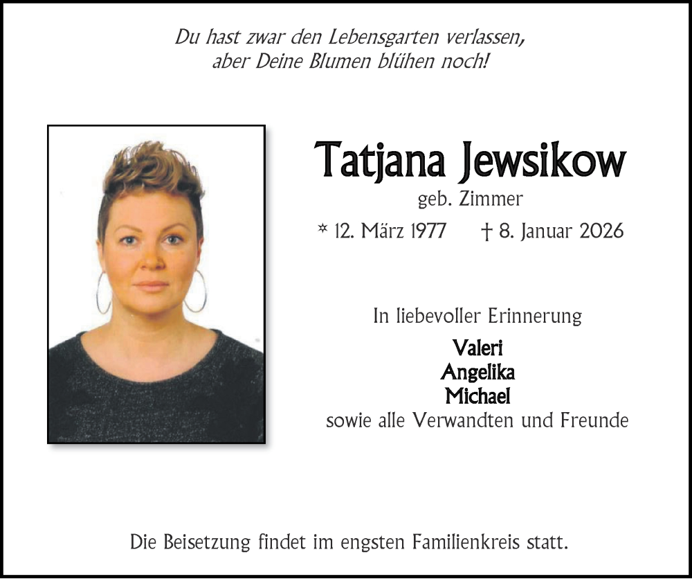  Traueranzeige für Tatjana Jewsikow vom 18.01.2026 aus Zeitung am Sonntag