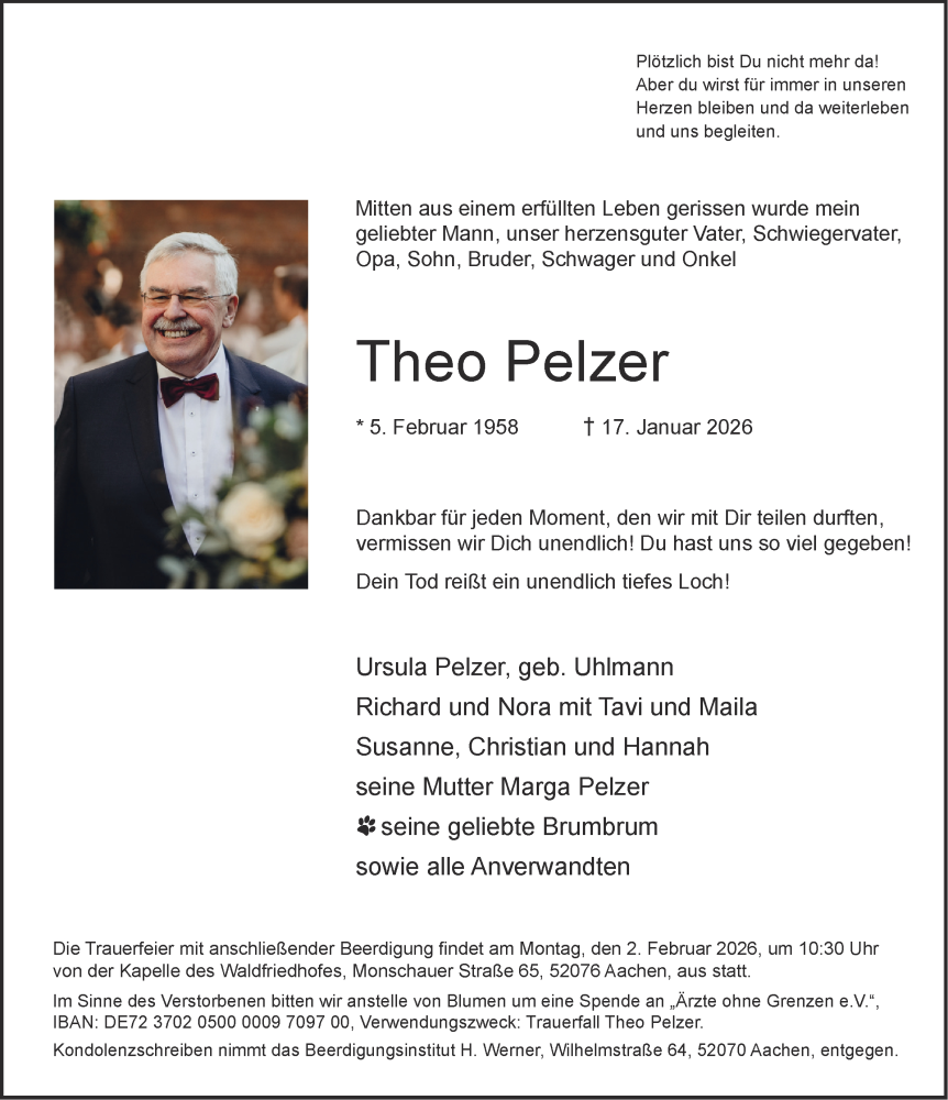  Traueranzeige für Theo Pelzer vom 24.01.2026 aus Aachener Zeitung