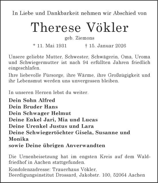 Traueranzeige von Therese Vökler von Aachener Zeitung