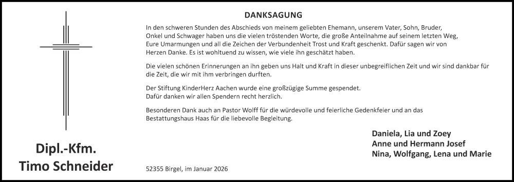  Traueranzeige für Timo Schneider vom 25.01.2026 aus Zeitung am Sonntag