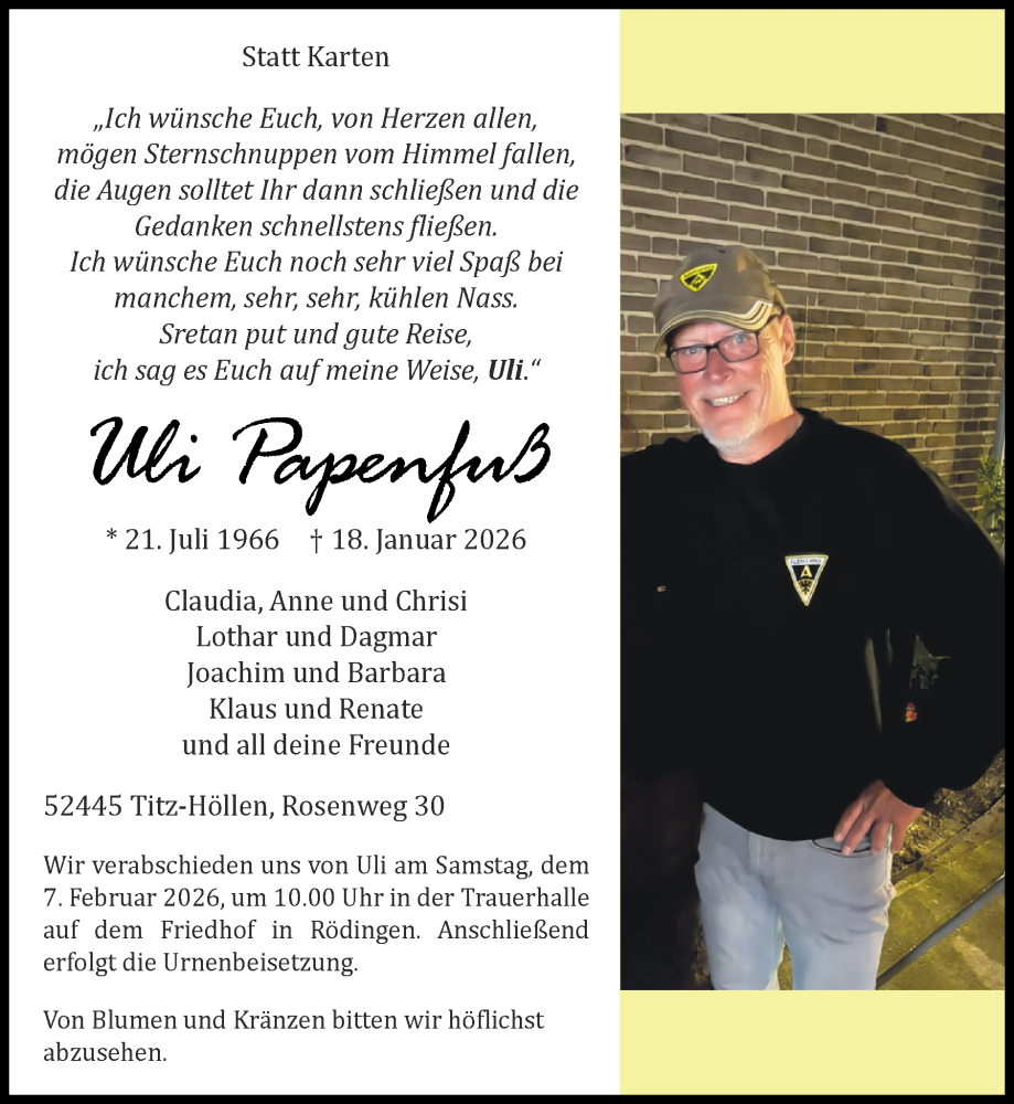  Traueranzeige für Uli Papenfuß vom 25.01.2026 aus Zeitung am Sonntag