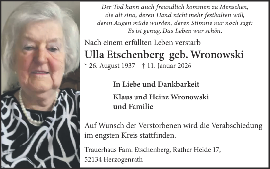 Traueranzeige von Ulla Etschenberg von Zeitung am Sonntag