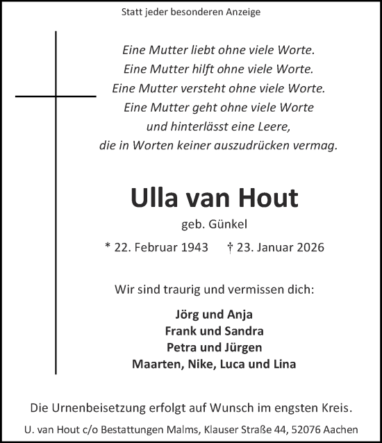 Traueranzeige von Ulla van Hout von Aachener Zeitung