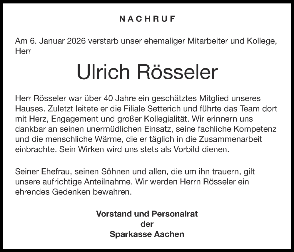  Traueranzeige für Ulrich Rösseler vom 24.01.2026 aus Aachener Zeitung