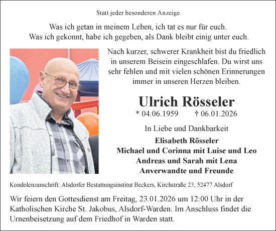 Traueranzeige von Ulrich Rösseler von Zeitung am Sonntag