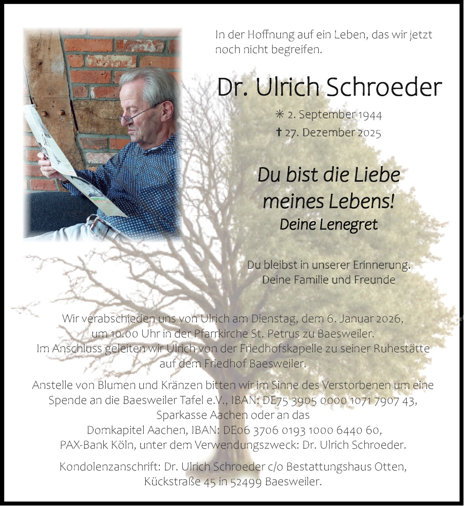 Traueranzeige für Ulrich Schroeder vom 04.01.2026 aus Zeitung am Sonntag
