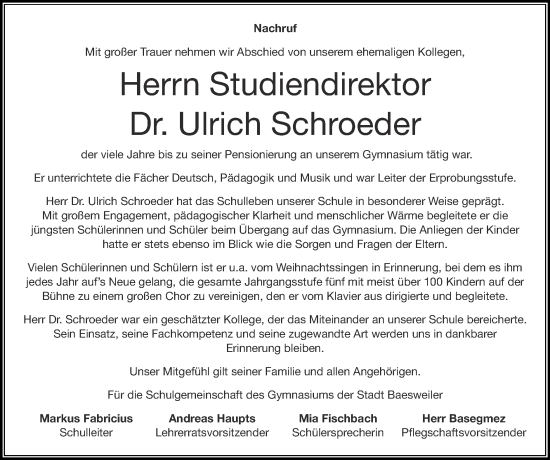 Traueranzeige von Ulrich Schroeder von Zeitung am Sonntag