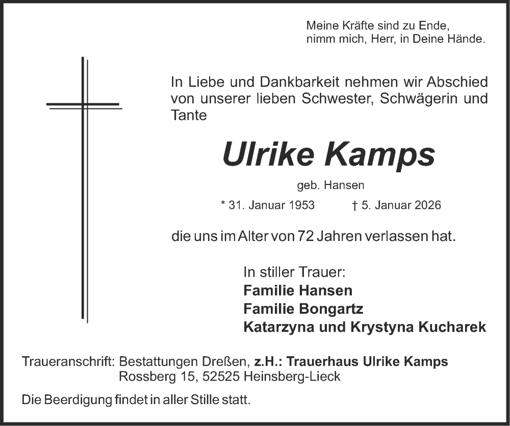  Traueranzeige für Ulrike Kamps vom 11.01.2026 aus Zeitung am Sonntag