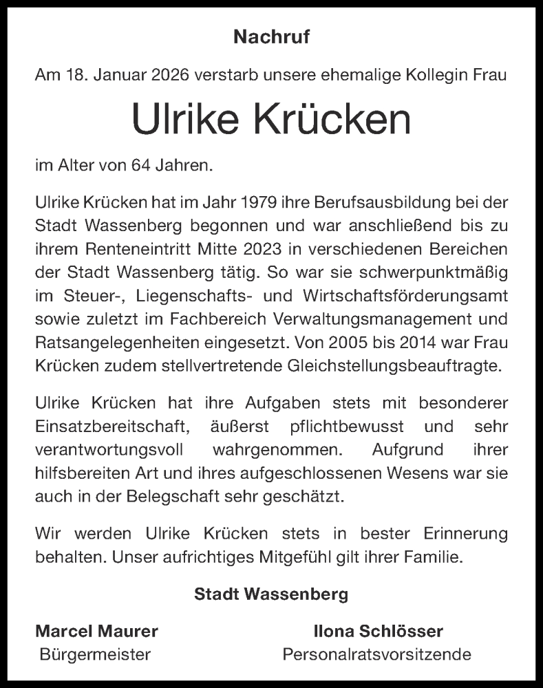  Traueranzeige für Ulrike Krücken vom 01.02.2026 aus Zeitung am Sonntag