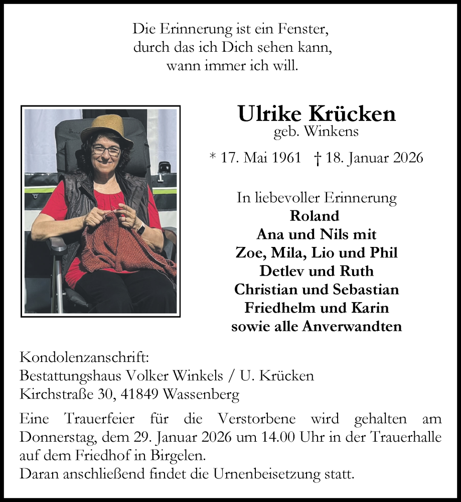  Traueranzeige für Ulrike Krücken vom 25.01.2026 aus Zeitung am Sonntag