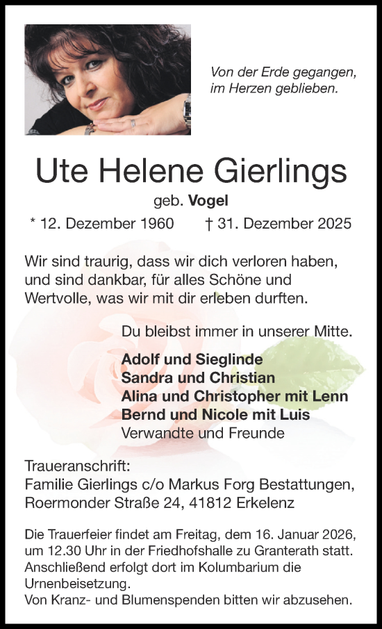 Traueranzeige von Ute Helene Gierlings von Zeitung am Sonntag