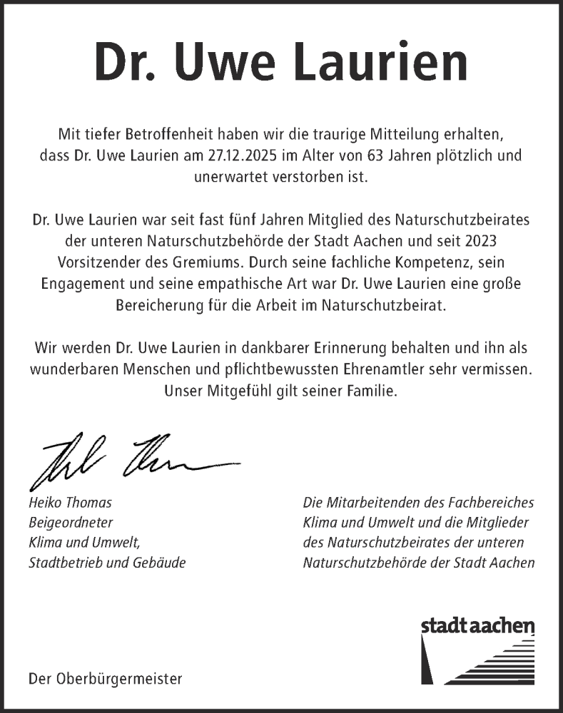  Traueranzeige für Uwe Laurien vom 25.01.2026 aus Zeitung am Sonntag