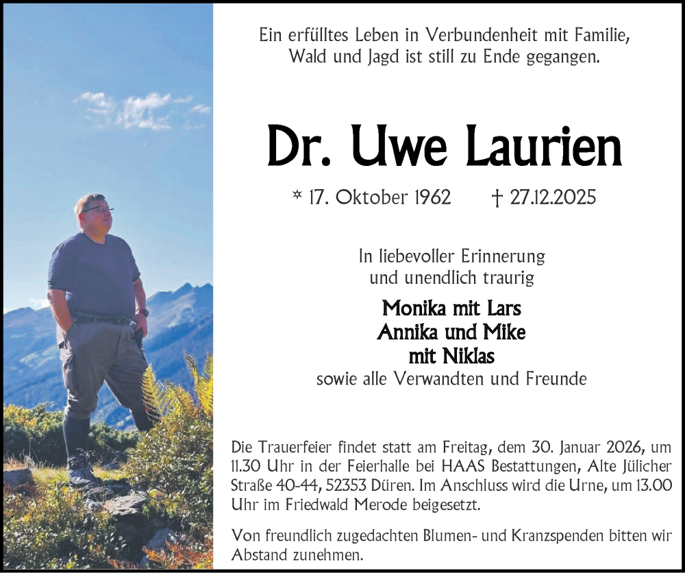  Traueranzeige für Uwe Laurien vom 11.01.2026 aus Zeitung am Sonntag