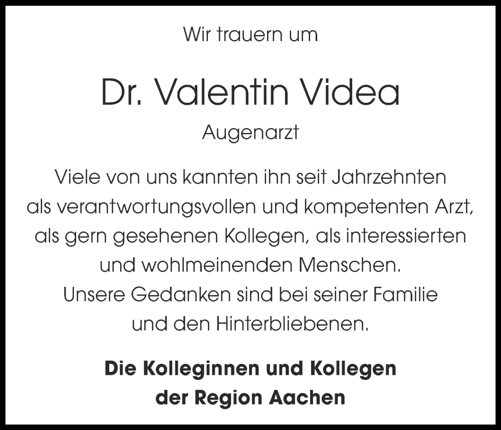  Traueranzeige für Valentin Videa vom 03.01.2026 aus Aachener Zeitung