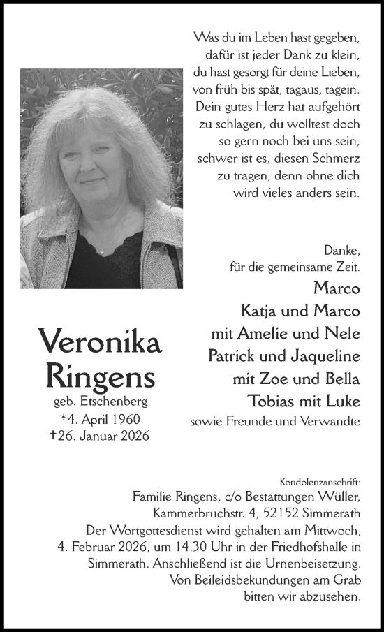 Traueranzeige von Veronika Ringens von Zeitung am Sonntag