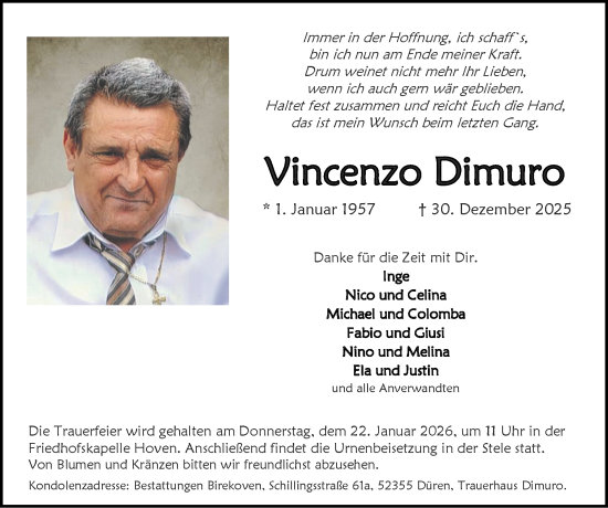 Traueranzeige von Vincenzo Dimuro von Zeitung am Sonntag