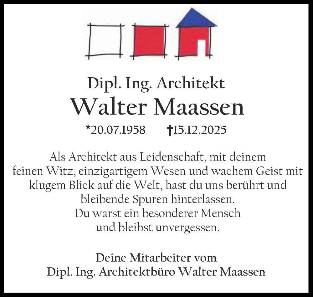 Traueranzeige für Walter Maassen vom 11.01.2026 aus Zeitung am Sonntag