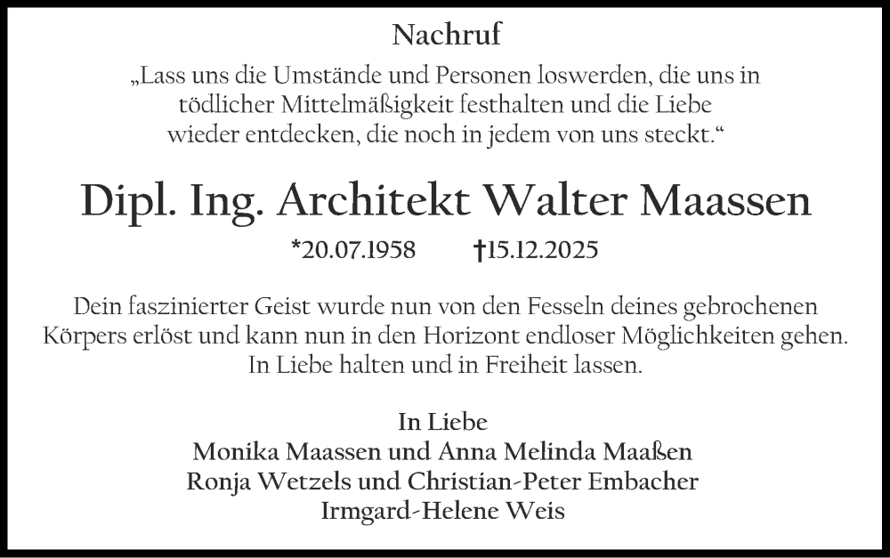  Traueranzeige für Walter Maassen vom 11.01.2026 aus Zeitung am Sonntag
