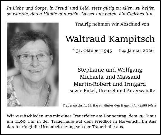 Traueranzeige von Waltraud Kampitsch von Zeitung am Sonntag