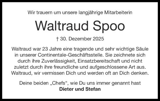Traueranzeige von Waltraud Spoo von Zeitung am Sonntag