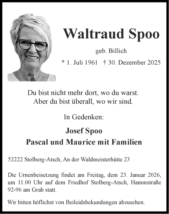 Traueranzeige von Waltraud Spoo von Zeitung am Sonntag
