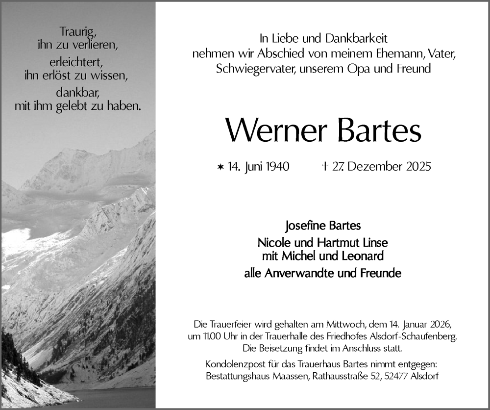  Traueranzeige für Werner Bartes vom 11.01.2026 aus Zeitung am Sonntag