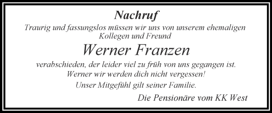 Traueranzeige von Werner Franzen von Zeitung am Sonntag