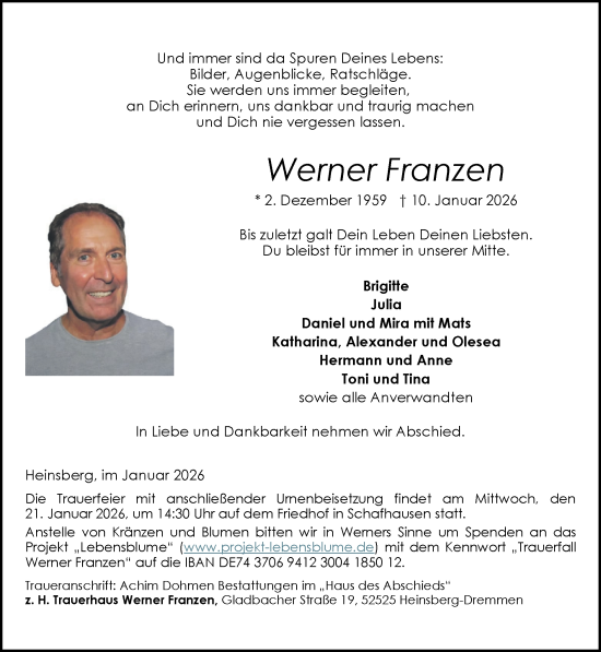 Traueranzeige von Werner Franzen von Zeitung am Sonntag
